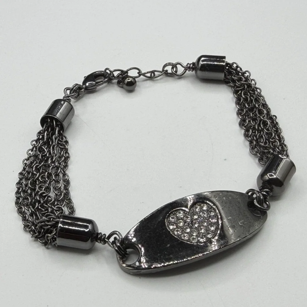 Rhinestone Heart Silver Tone Multi Strand Chain Bracelet Romantic Y2K Love Gift